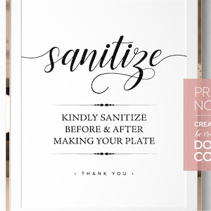 Please Sanitize Before & After Making Dinner Plate Elegant PRINTABLE sign modern script ~ wedding practice social distance cute poster hand