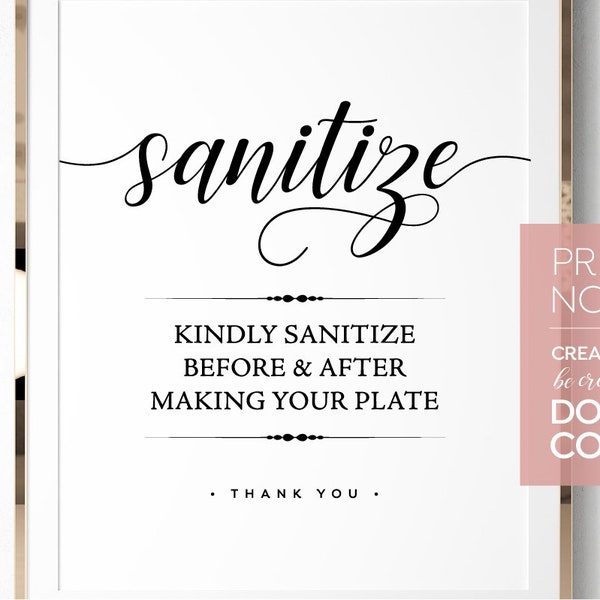 Please Sanitize Before & After Making Dinner Plate Elegant PRINTABLE sign modern script ~ wedding practice social distance cute poster hand