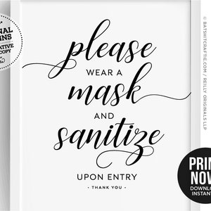 Please Wear Mask + Sanitize Upon Entry PRINTABLE sign restaurant cute wash hands social distance elegant 6 feet salon boutique modern script