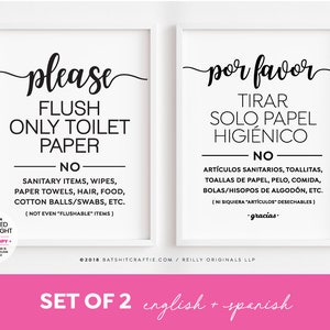 Set of 2 Flush Only Toilet Paper Printable Files, English and Spanish ~ No: Sanitary Items Paper Towels Wipes Cotton Balls Etc~ 5x7 + 8x10"