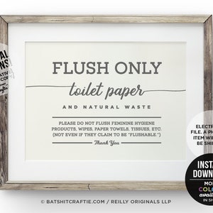 Septic System Sign PRINTABLE Bathroom Sensitive Plumbing Flush Only Pee Poo Toilet Paper No Tampons Sanitary Feminine Products Wipes Towels