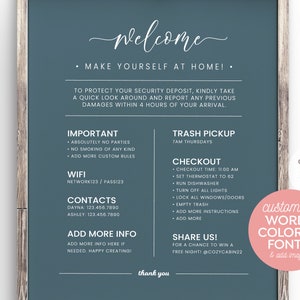 Fully Editable 8x10" Printable Template ~ Welcome Sign + Rules ~ for Airbnb, Rental ~ Change all words, colors, fonts! {Create ONE design}