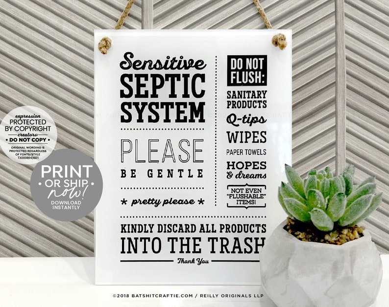 Septic Tank System Bathroom Sign Ready to Print Instantly or Ship Do not Flush Sanitary Products Wipes Hopes Dreams Cute Wall Art Decor image 8