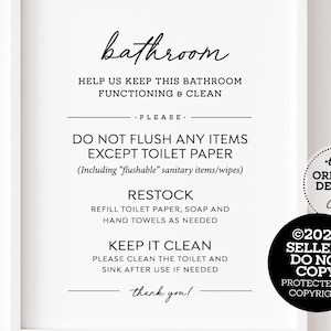 Può includere: Un cartello stampabile in bianco e nero con il testo "bathroom" in corsivo. Il cartello include istruzioni per l'etichetta del bagno, come "Help us keep this bathroom functioning & clean", "Do not flush any items except toilet paper", "Restock", "Keep it clean" e "Thank you!" Il cartello include anche un avviso di copyright.