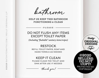 Bathroom Rules Printable Sign ~ Do not flush any items except toilet paper, keep it clean + refill soap and hand towels ~ Instant download