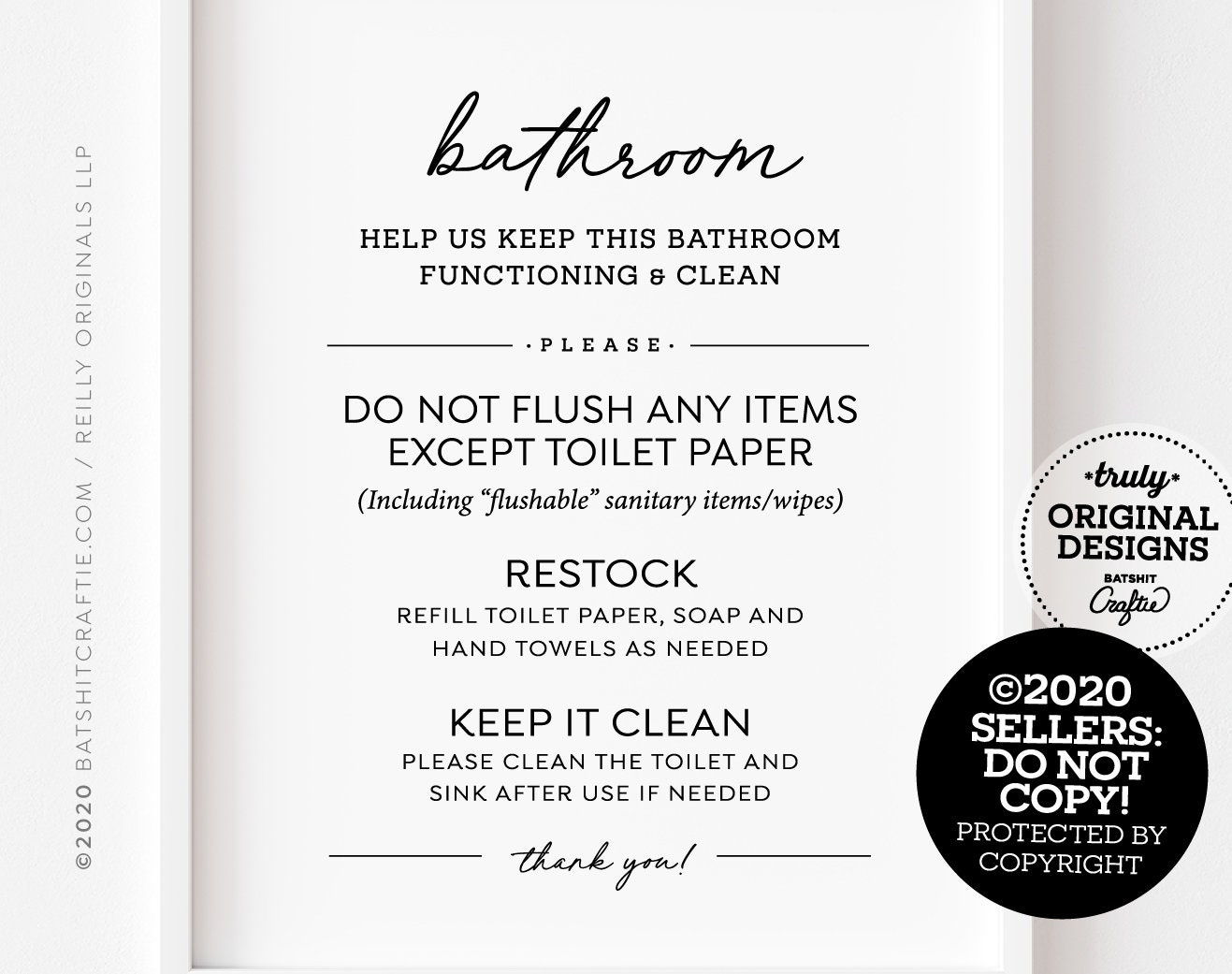 Bathroom Rules Printable Sign ~ Do not flush any items except toilet paper, keep it clean + refill soap and hand towels ~ Instant download