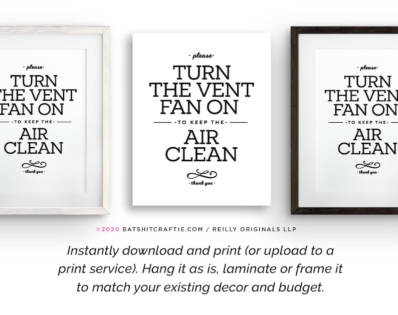 Turn Vent Fan on PRINTABLE Sign ~ Instantly Download, Print + Display ...