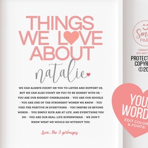 Pode incluir: Um download digital imprimível em rosa e cinza com o texto "Things We Love About Natalie" e uma mensagem sobre como Natalie é uma pessoa solidária, honesta e inspiradora. O texto "Love, the 3 girlmigos" está na parte inferior do imprimível. A imagem também inclui um coração rosa e o texto "Your Words! Edit Colors & Fonts!"