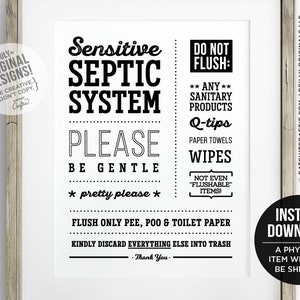 Panneau de système septique IMPRIMABLE Salle de bain Sensible Plomberie Chasse d’eau Seulement Pee Poo Papier toilette Pas de tampons Drôle Décoration intérieure Mignonne citation sanitaire art