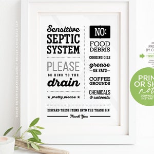 May include: Black and white printable sign with the text "Sensitive Septic System" and "No: Food Debris, Cooking Oils, Grease or Fats, Coffee Grounds, Chemicals & Solvents". The sign also includes the text "Please be kind to the drain *pretty please*" and "Discard these items into the trash bin. Thank you".