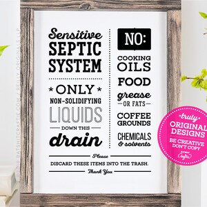 Septic System PRINTABLE Kitchen Sign Sink No Food Grease Coffee Grounds ...