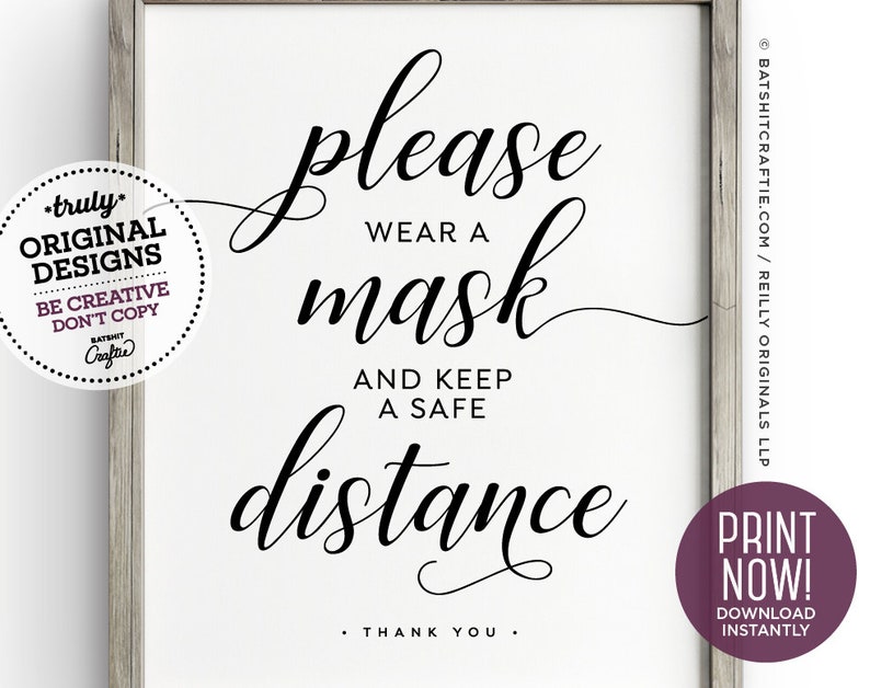 Please Wear a Mask & Keep a Safe Distance Elegant PRINTABLE Sign ...