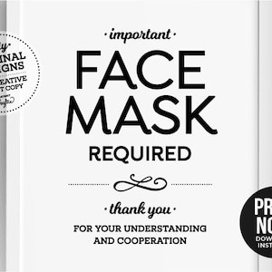 Face Mask Must Be Worn at All Times PRINTABLE SIGN Office Workplace ...