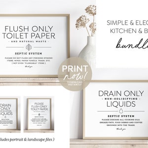 Flush Only Toilet Paper & Drain Only Liquids, Set of 2 Printable Files ~ Modern Elegant Design ~ 4x6, 5x7 + 8x10" ~ For home, airbnb, office