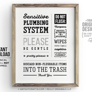 Sensitive Plumbing Septic Sign INSTANT PRINTABLE Bathroom System Flush Only Toilet No Tampons Funny Home decor Cute sanitary quote Wood art