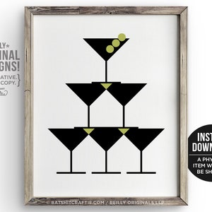 May include: A printable digital download of a minimalist black and white illustration of a pyramid of martini glasses with green olives. The text *TRULY* ORIGINAL DESIGNS! {BE CREATIVE. DON'T COPY.} BATSHIT Craftie is included in the image.