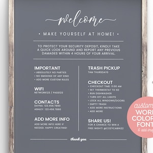 Fully Editable 8x10&quot; Printable Template ~ Welcome Sign + Rules ~ for Airbnb, Rental ~ Change all words, colors, fonts! {Create ONE design}