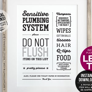 Signe de salle de bain TÉLÉCHARGEMENT INSTANTANÉ IMPRIMABLE Sensible Plomberie Septique Ne pas rincer Décor drôle Art mignon Sanitaire Féminin Tampons Toilette