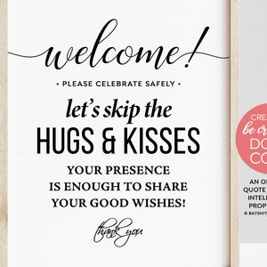 Celebrate Safely Skip Hugs & Kisses Printable Party Poster ~ for Pandemic Wedding Birthday practicing safe social distancing of 6 feet apart