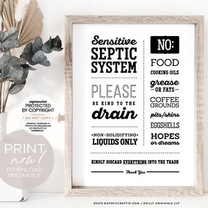 Septic System Kitchen Drain Rules Printable Sign ~ Modern, Elegant Design ~ 4x6, 5x7 + 8x10" included ~ For home, airbnb and office