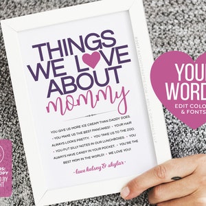 Things We Love About Mommy (or anyone!) ~ Personalized  ~ Self-Editable 5x7" Template ~ Instantly download, print + gift! Smile Files™