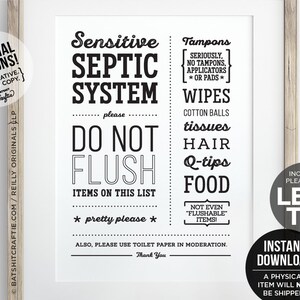 Bathroom Sign INSTANT DOWNLOAD PRINTABLE Septic System Sensitive Plumbing Do not Flush Funny decor Cute art Sanitary Feminine Tampons Toilet