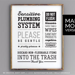 Bathroom Sign INSTANT DOWNLOAD PRINTABLE Sensitive Plumbing Septic Do not Flush System Funny decor Cute art Sanitary Feminine Tampons Toilet