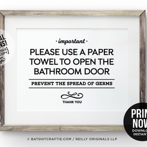 Use toalha de papel para abrir a porta do banheiro SINAL IMPRIMÍVEL ~ escritório moderno restaurante prevenção arte fofa lavar as mãos máscara de desgaste de distância social
