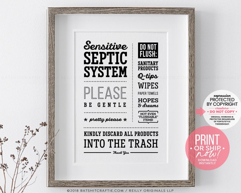 Septic Tank System Bathroom Sign Ready to Print Instantly or Ship Do not Flush Sanitary Products Wipes Hopes Dreams Cute Wall Art Decor image 10