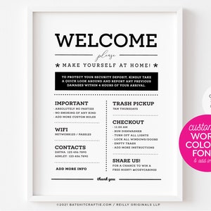 Fully Editable 8x10&quot; Printable Template ~ Welcome Sign + Rules ~ for Airbnb, Rental ~ Change all words, colors, fonts! {Create ONE design}