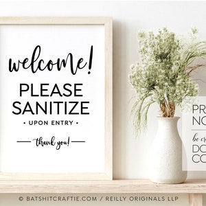 Welcome Please Sanitize Upon Entry PRINTABLE sign ~ Cute script poster for boutique restaurants businesses social distancing