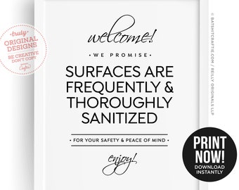 Surfaces sanitized frequently thoroughly PRINTABLE SIGN  restaurant store shop cute wash hand social distance mask salon hair nail clean spa