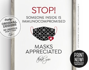 Immunocompromised Person Inside Printable Sign ~ Wear a mask, keep safe social distance, wash sanitize hands ~ High Risk Poster Do Not Enter