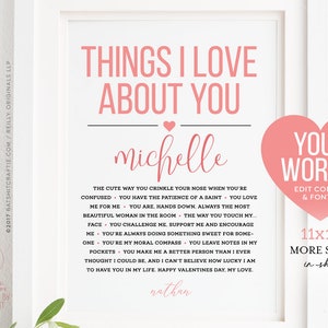 Things I Love About You Personalized Printable ~ Self-Editable 11x14" Template ~ Instantly download, print + gift! Smile Files ~ SmileFiles™