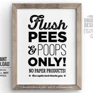 Flush Pees & Poops Only No Paper Products Toilet Bathroom Sign PRINTABLE Sensitive Plumbing Septic System tampons toilet sanitary feminine