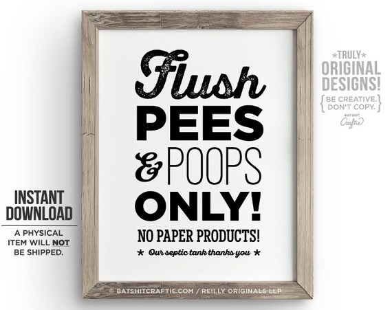 Flush Pees & Poops Only No Paper Products Toilet Bathroom Sign PRINTABLE Sensitive Plumbing Septic System tampons toilet sanitary feminine