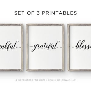 Set of 3 Printable ~ Thankful, Grateful, Blessed ~ Elegant Modern Script Font ~ Cute Thanksgiving Living Room Decoration Wall Art