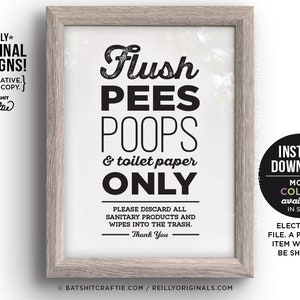 Bathroom Sign PRINTABLE Sign Sensitive Plumbing Septic System Flush Pee Poo Toiler Paper Only Funny Cute sanitary quote art no tampons decor