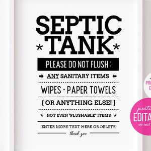 Editable Template ~ Septic Tank Printable Bathroom Sign ~ Do not flush "flushable" feminine hygiene items wipes modern rustic decor