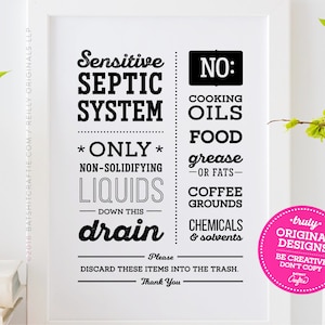 Septic System PRINTABLE Kitchen Sign Sink No Food Grease Coffee Grounds ...