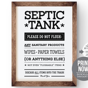 Septic Tank Bathroom Sign INSTANT DOWNLOAD PRINTABLE System Do not Flush Sensitive Plumbing Funny decor art Sanitary Feminine Tampons Toilet