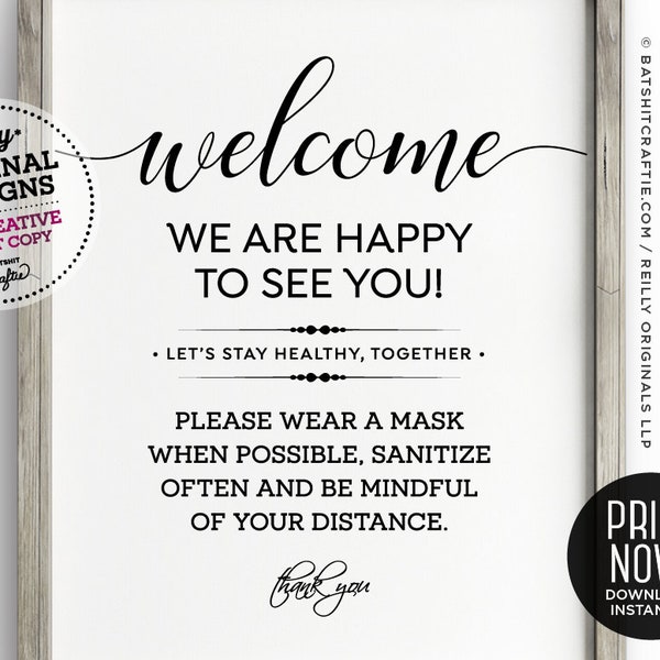 Please Wear a Mask Sanitize Distance PRINTABLE sign ~ boutique restaurant cute wash hands social elegant 6 feet salon store poster required