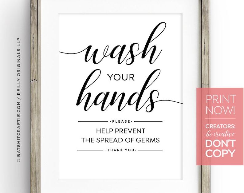 Prevent Spread of Germs Wash Hands Cute PRINTABLE Sign ~ Elegant ...