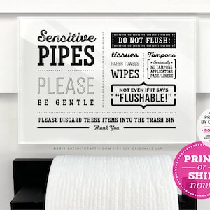Sensitive Pipes Sign ~ Ready to Ship or Print at home Instantly! Cute &quot;Do not flush&quot; bathroom decor for home, airbnb, septic systems