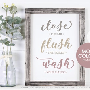 Custom Colors Printable Sign ~ Close Lid Flush Toilet Wash Hands ~ Self-editable template in any colors ~ Cute rustic modern bathroom decor