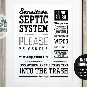 Bathroom Sign INSTANT DOWNLOAD PRINTABLE Septic Do not Flush System Sensitive Plumbing Funny decor Cute art Sanitary Feminine Tampons Toilet