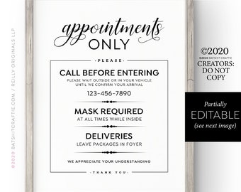 8x10" Editable Template ~ Appointments Only ~ Add words + logo ~ Printable elegant Covid-19 Salon Office Spa Sign, Masks Required Call First