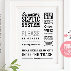 Septic Tank System Bathroom Sign Ready to Print Instantly or Ship Do not Flush Sanitary Products Wipes Hopes Dreams Cute Wall Art Decor image 1