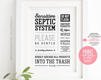 Septic Tank System Bathroom Sign ~ Ready to Print Instantly or Ship ~ Do not Flush Sanitary Products Wipes Hopes Dreams Cute Wall Art Decor