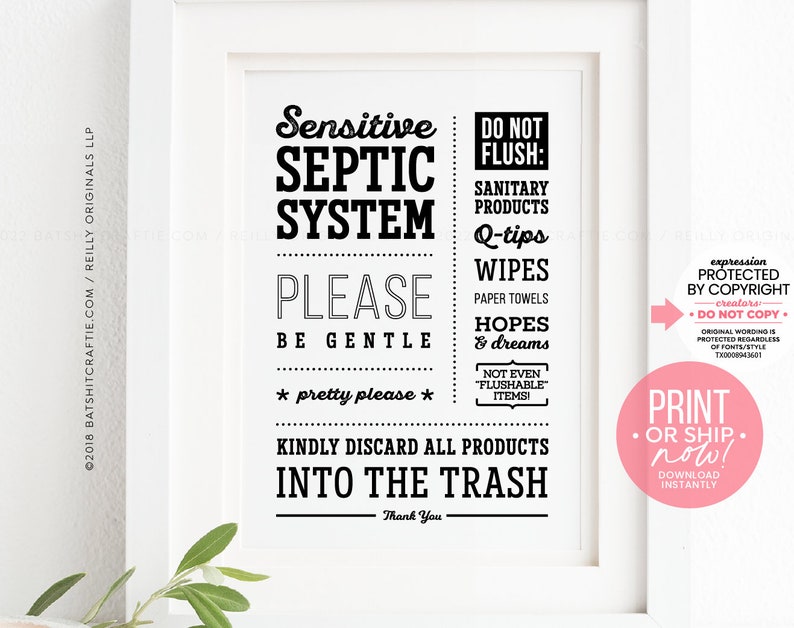 Septic Tank System Bathroom Sign Ready to Print Instantly or Ship Do not Flush Sanitary Products Wipes Hopes Dreams Cute Wall Art Decor image 1